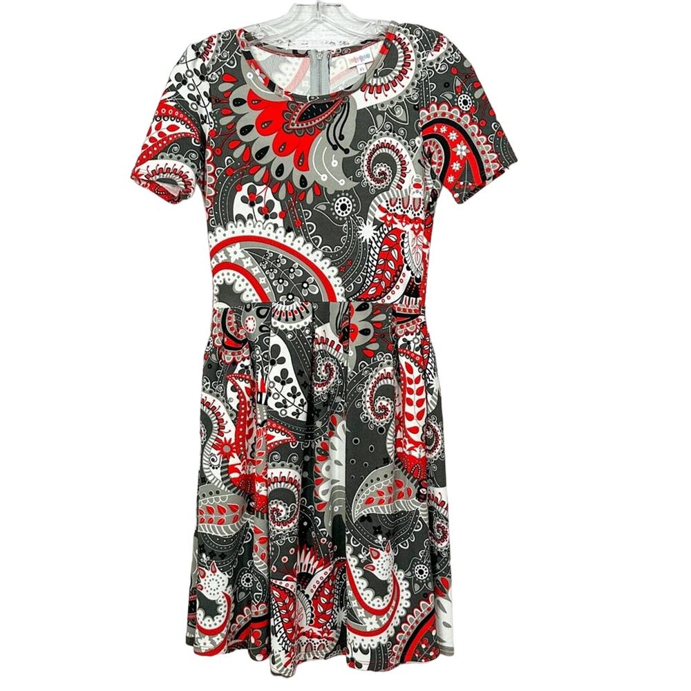 LulaRoe Amelia Black, Gray, Red, and White Fit and Flare Dress, EUC, Size XS